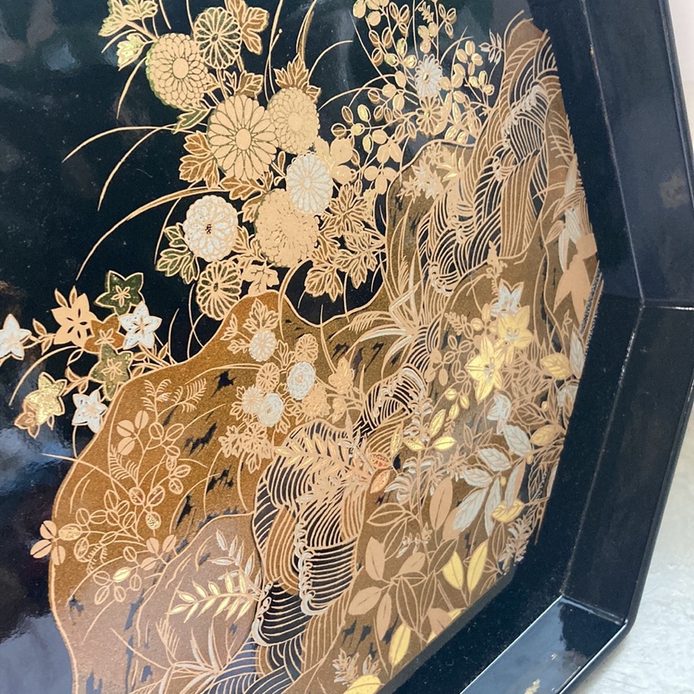 Toyo lacquerware Octagonal Black and Gold Decorative Tray stain proof vintage